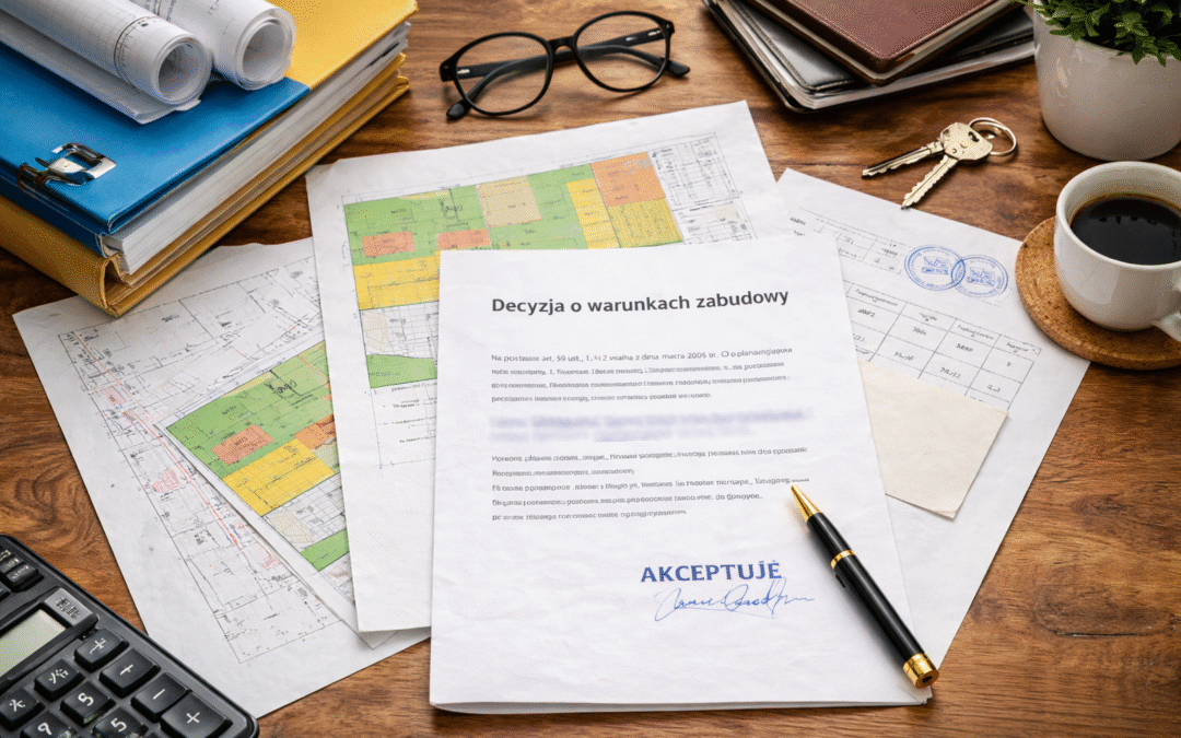 Dokumenty inwestycyjne przygotowane na biurku – teczki, mapy i dokumentacja potrzebna do wykonania mapy do celów projektowych.