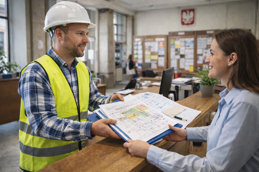 Geodeta przekazujący dokumentację w urzędzie podczas procedury przyjęcia materiałów geodezyjnych.