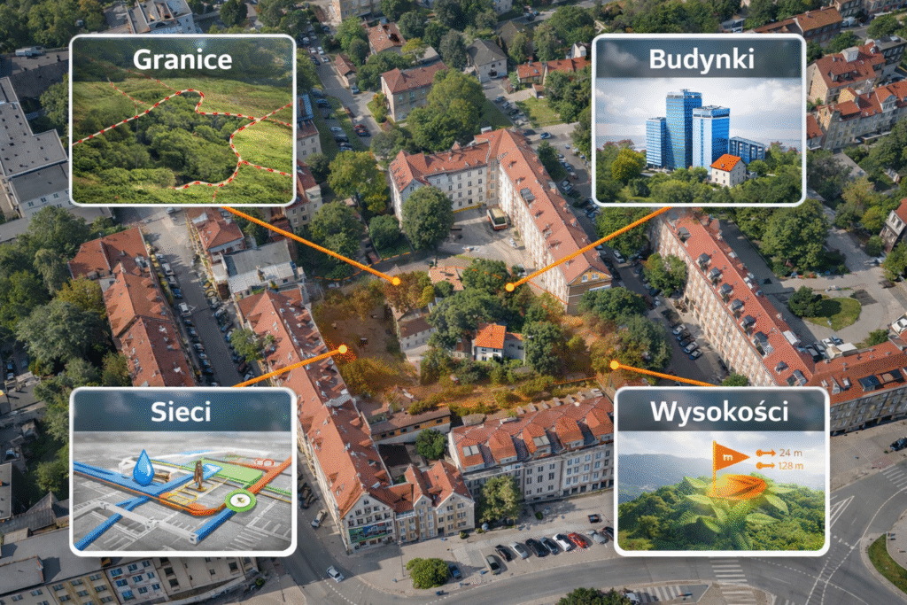 Mapa do celów projektowych – granice działki, budynki, sieci uzbrojenia terenu oraz ukształtowanie wysokościowe