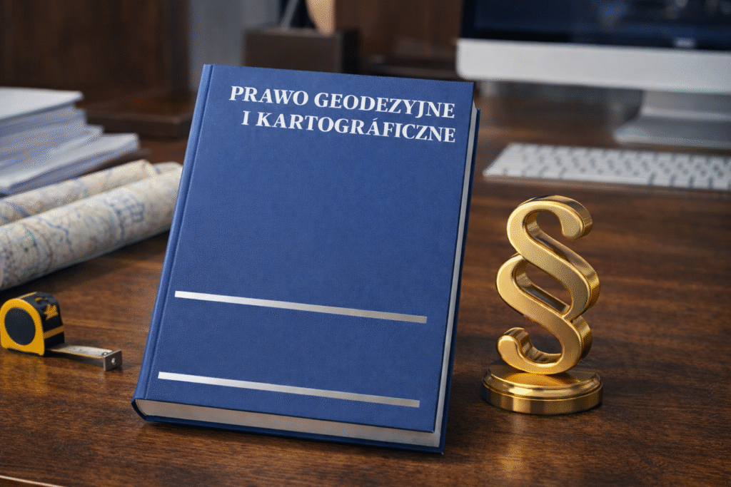 Prawo geodezyjne i kartograficzne – książka z ustawą na biurku geodety