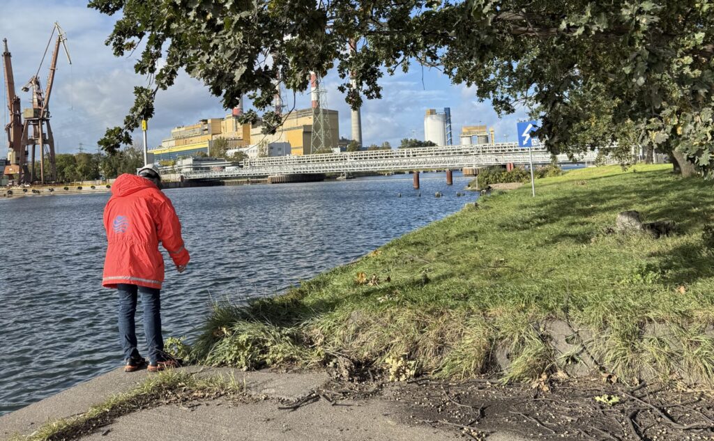 Geodeta wykonujący pomiar przy nabrzeżu Martwej Wisły w dzielnicy Gdańsk Młyniska.