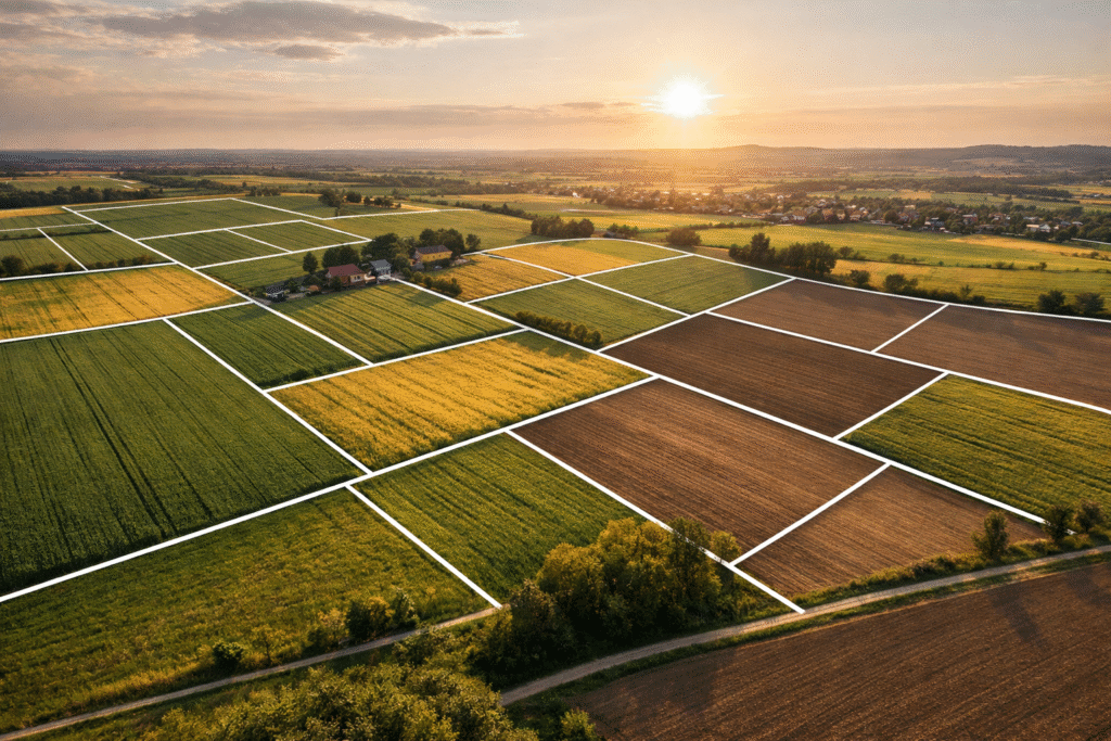 widok działek z zaznaczonym przebiegiem granic nieruchomości