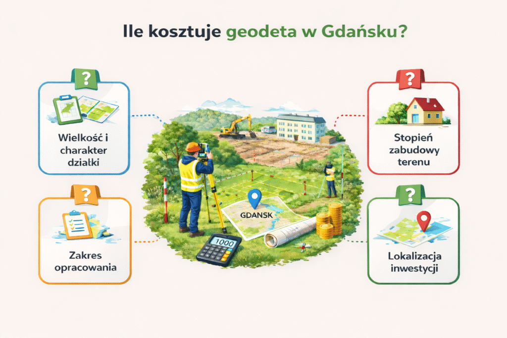 Infografika: ile kosztuje geodeta w Gdańsku – czynniki wpływające na cenę, takie jak wielkość działki, zakres opracowania, stopień zabudowy terenu i lokalizacja inwestycji.