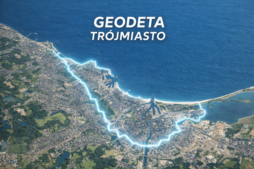Mapa Trójmiasta (Gdańsk, Gdynia, Sopot) z widoczną linią brzegową i zabudową miejską oraz wyróżnionym napisem „Geodeta Trójmiasto”