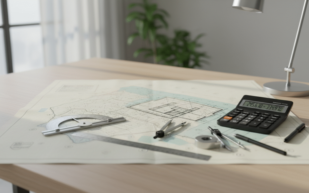 Mapa do celów projektowych rozłożona na biurku z narzędziami kreślarskimi i kalkulatorem, przedstawiająca proces planowania i szacowania kosztów inwestycji