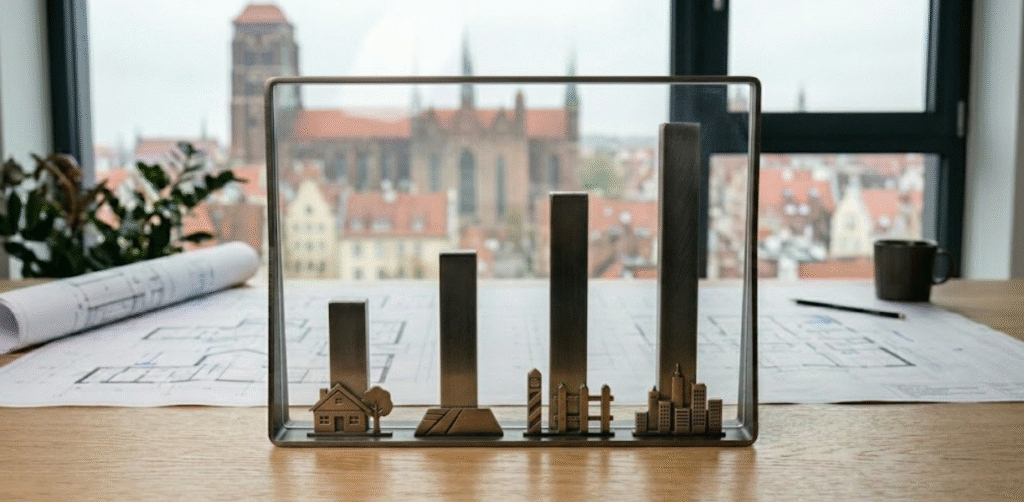 Wykres słupkowy przedstawiający koszty usług geodezyjnych w zależności od lokalizacji – najniższy słupek dla terenów wiejskich, wyższe dla działek i granic, najwyższy dla miasta, na tle mapy projektowej i biura geodety