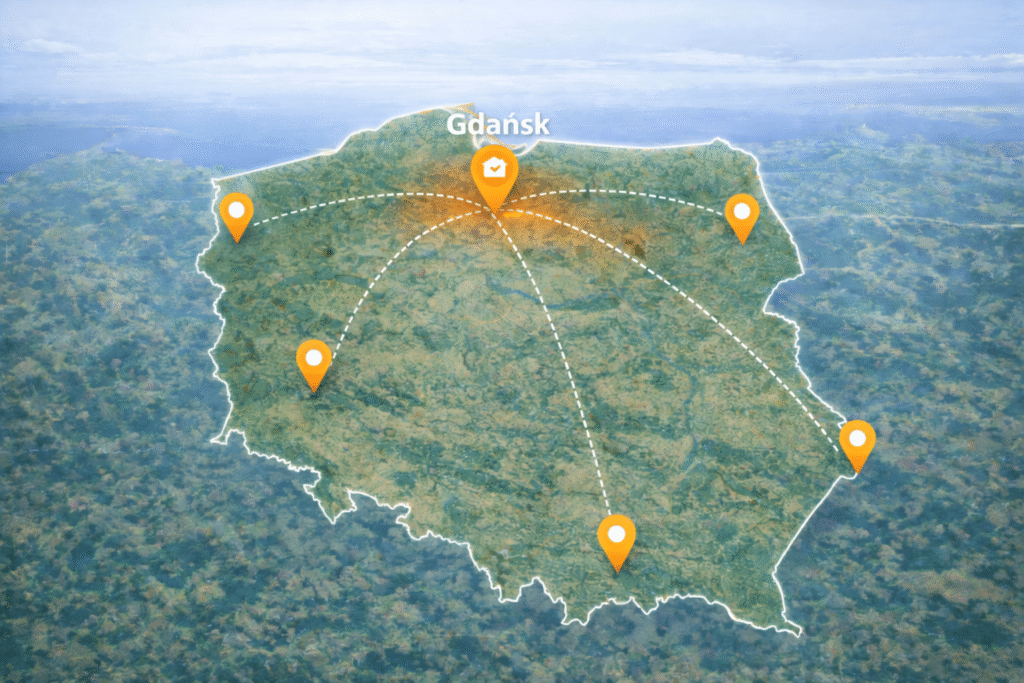 Geodeta Gdańsk – mapa Polski z zaznaczonym obszarem działania i realizacjami w różnych częściach kraju
