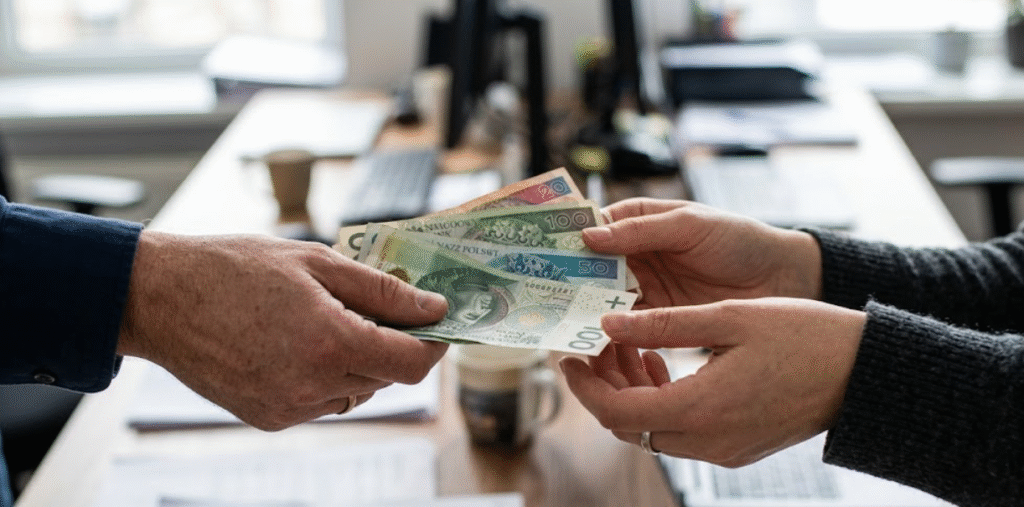 Zbliżenie na dłonie dwóch osób przekazujących sobie gotówkę w polskich złotych (PLN) nad mapą do celów projektowych w biurze, symbol rozliczenia za usługę geodezyjną